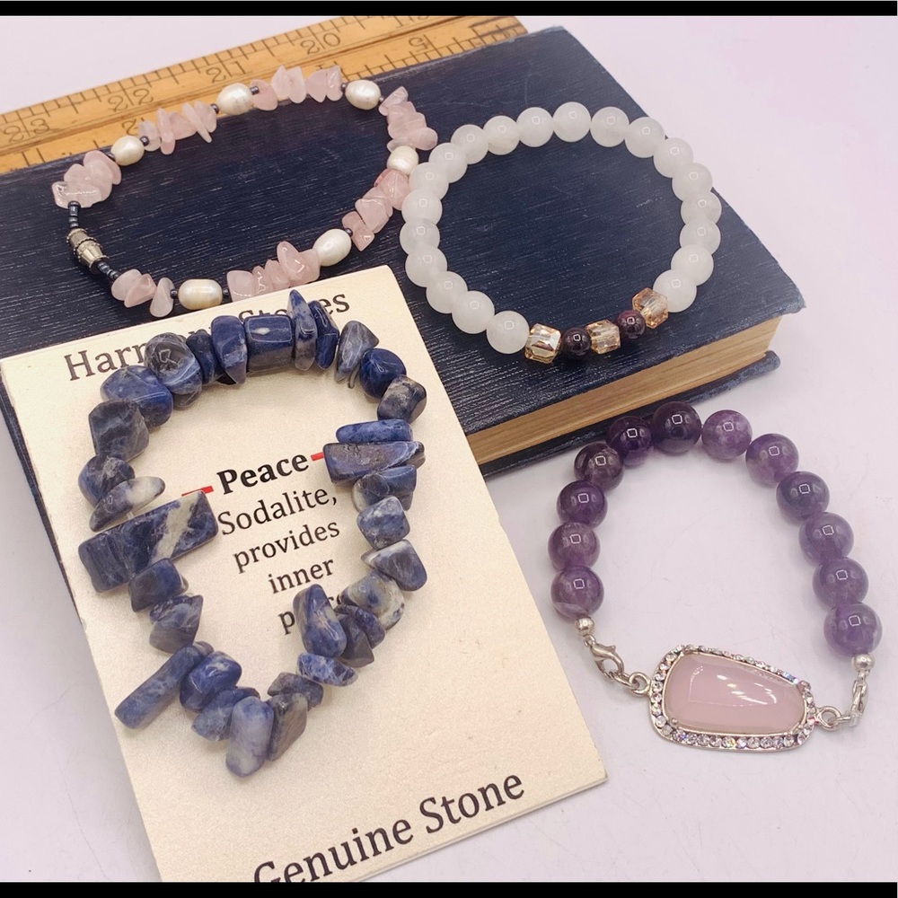 Four gemstone bead bracelets rose quartz amethyst sodalite